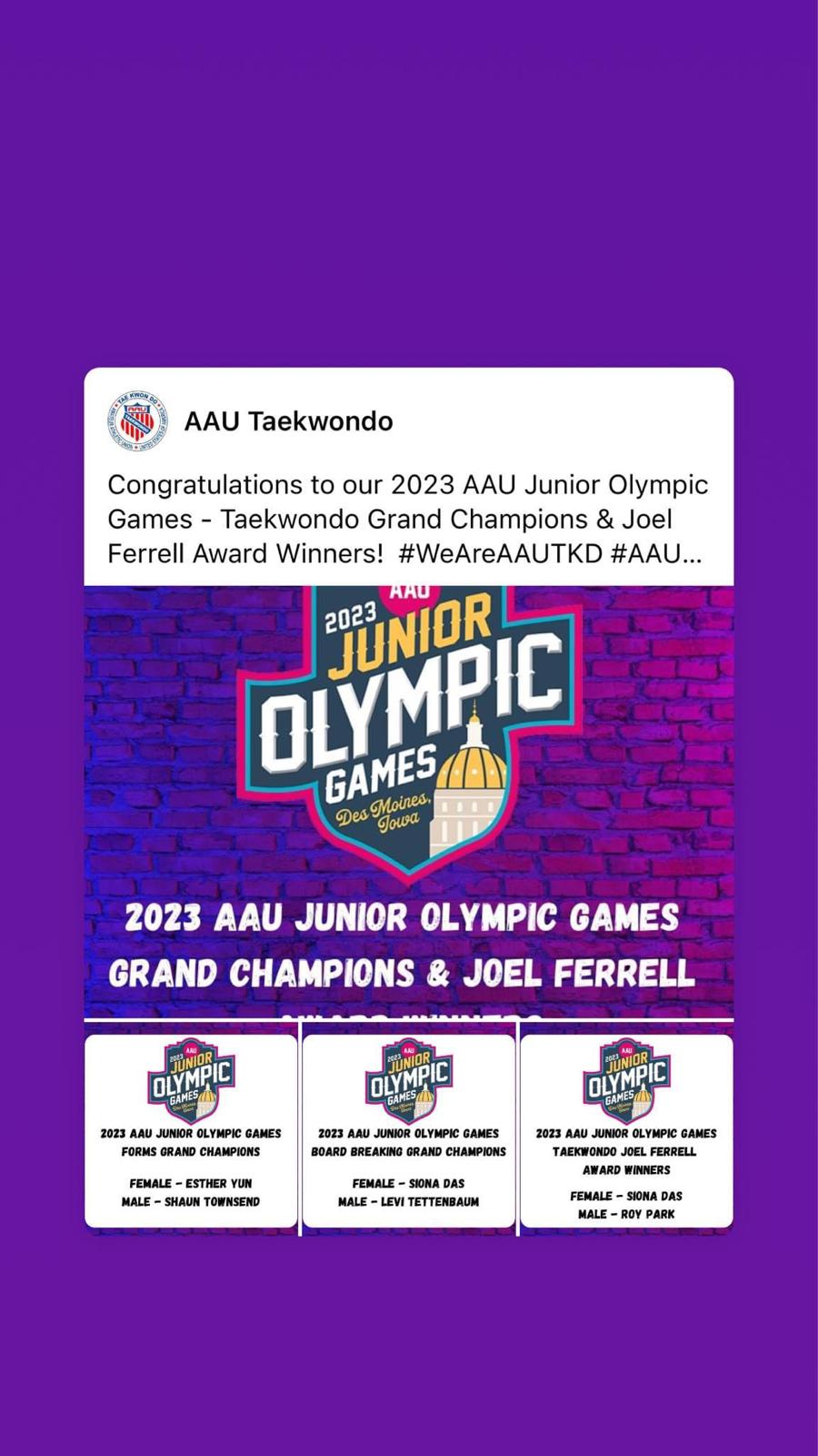 AAU Junior Olympics Grand Champion recognition.